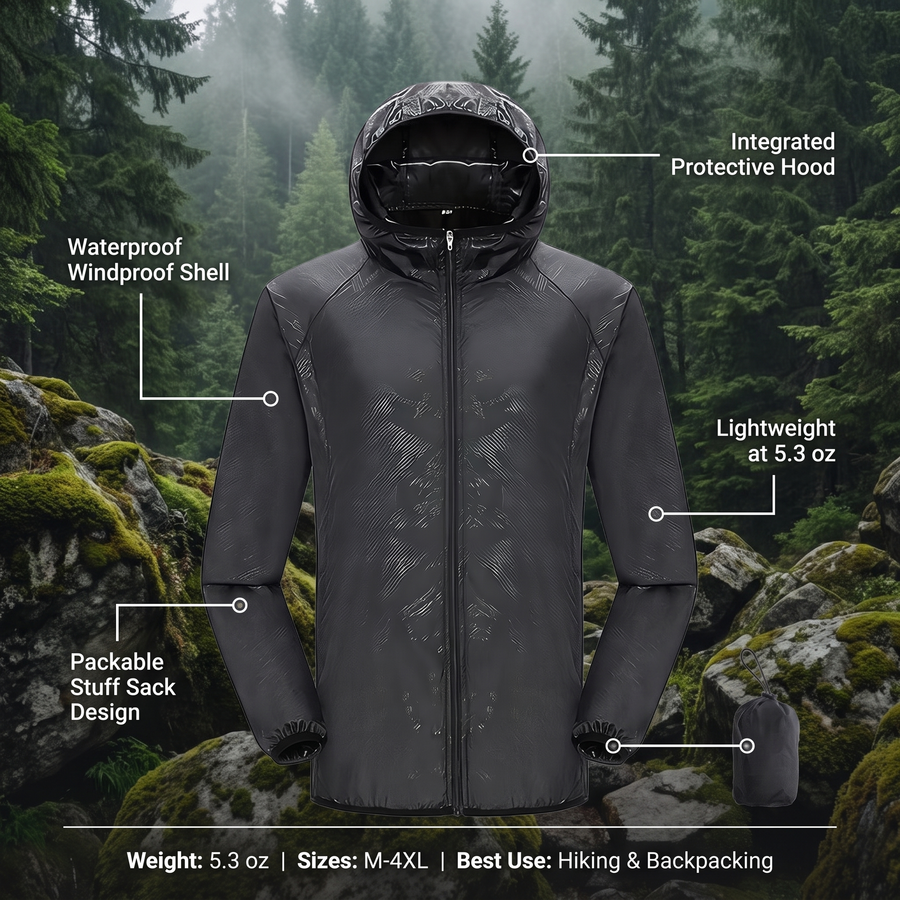 Packable Unisex Rain Shell for Hiking and Trekking - product view 3 | Buffalo Gears