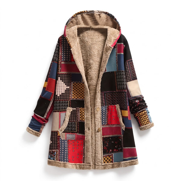 Plush Hoodie Jacket for Women with Geometric Print
