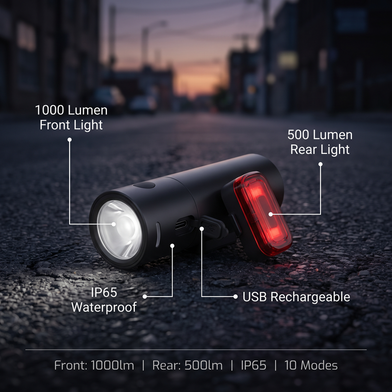 Rechargeable LED Bike Light Set with 1000 Lumen Front Beam - product view 3 | Buffalo Gears
