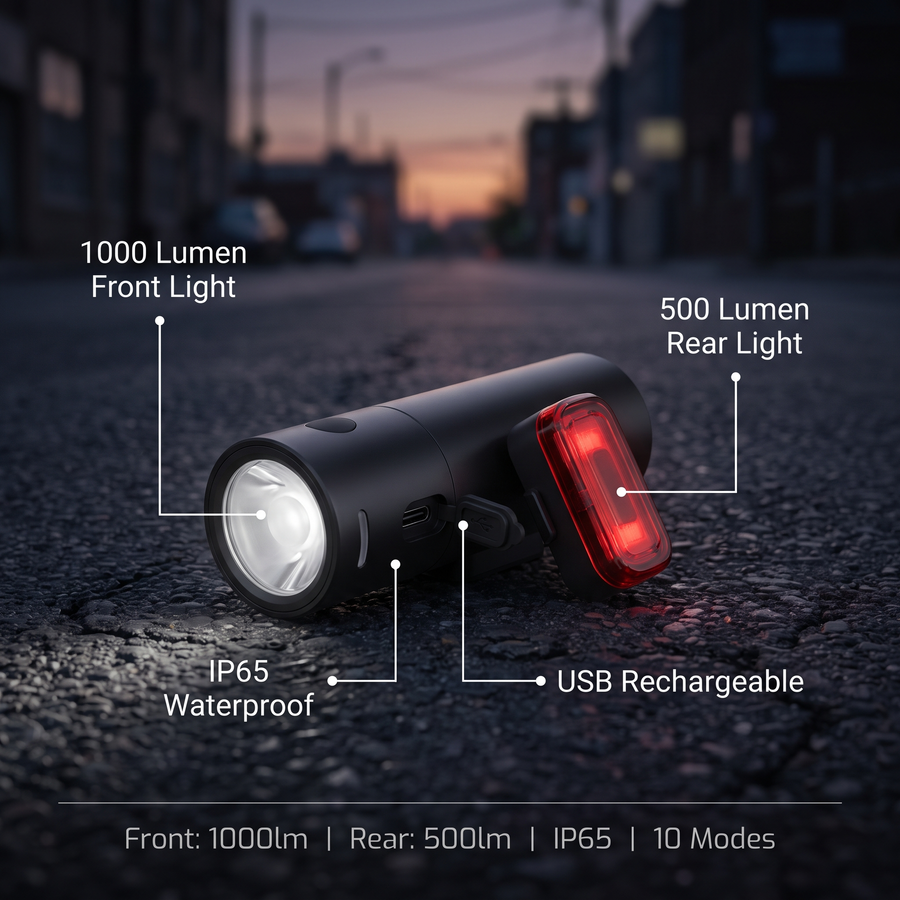 Rechargeable LED Bike Light Set with 1000 Lumen Front Beam - product view 3 | Buffalo Gears