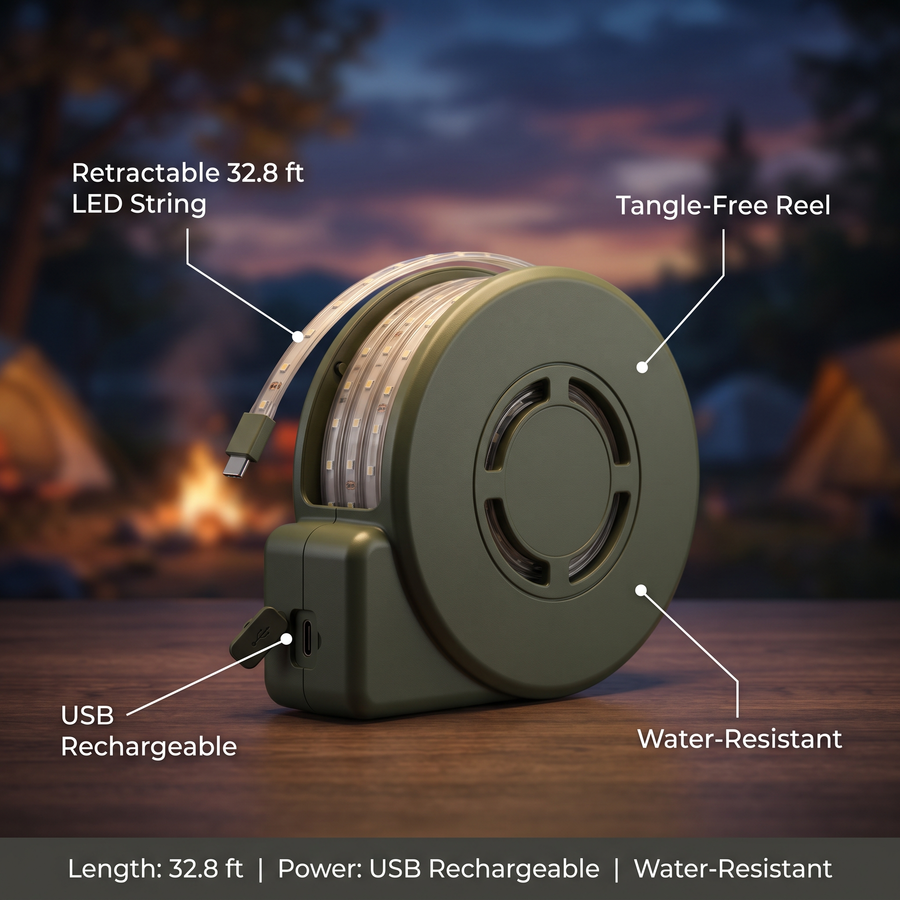 Retractable USB Rechargeable LED Camp String Lights - product view 3 | Buffalo Gears