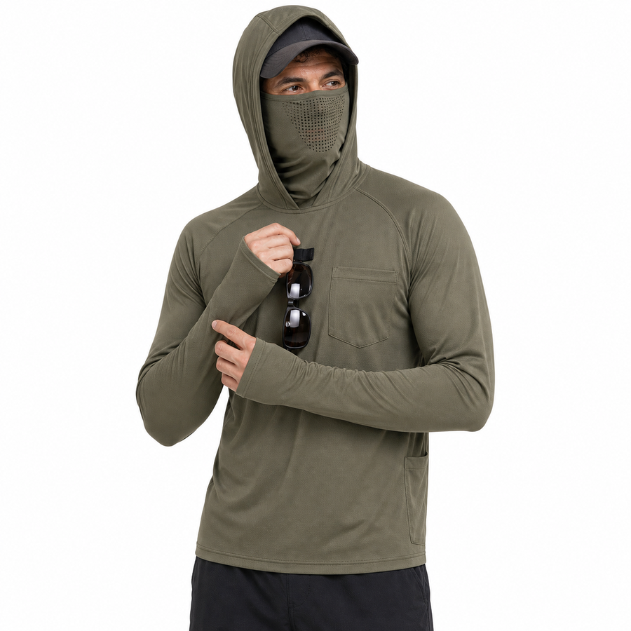 UPF 50+ Hooded Sun Shirt with Attached Neck Gaiter - product view 1 | Buffalo Gears