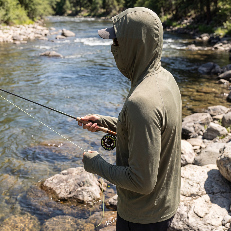UPF 50+ Hooded Sun Shirt with Attached Neck Gaiter - product view 2 | Buffalo Gears