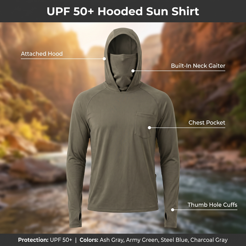 UPF 50+ Hooded Sun Shirt with Attached Neck Gaiter - product view 3 | Buffalo Gears