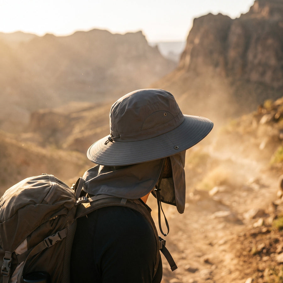 Wide-Brim Hiking Hat with Mesh Vents and Neck Cover - product view 3 | Buffalo Gears
