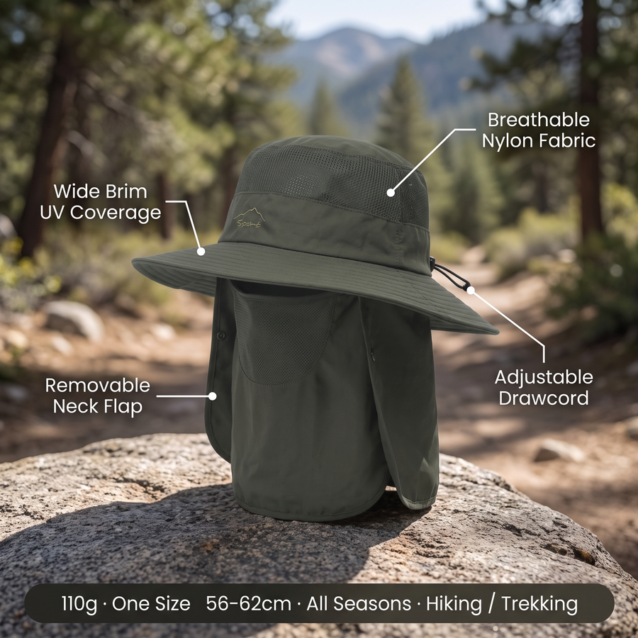 Wide Brim Sun Hat with Removable Neck Flap for Hikers - product view 2 | Buffalo Gears