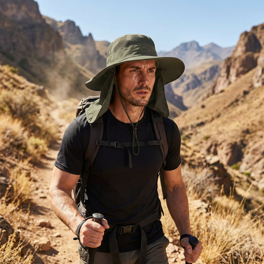 Wide Brim Sun Hat with Removable Neck Flap for Hikers - product view 3 | Buffalo Gears